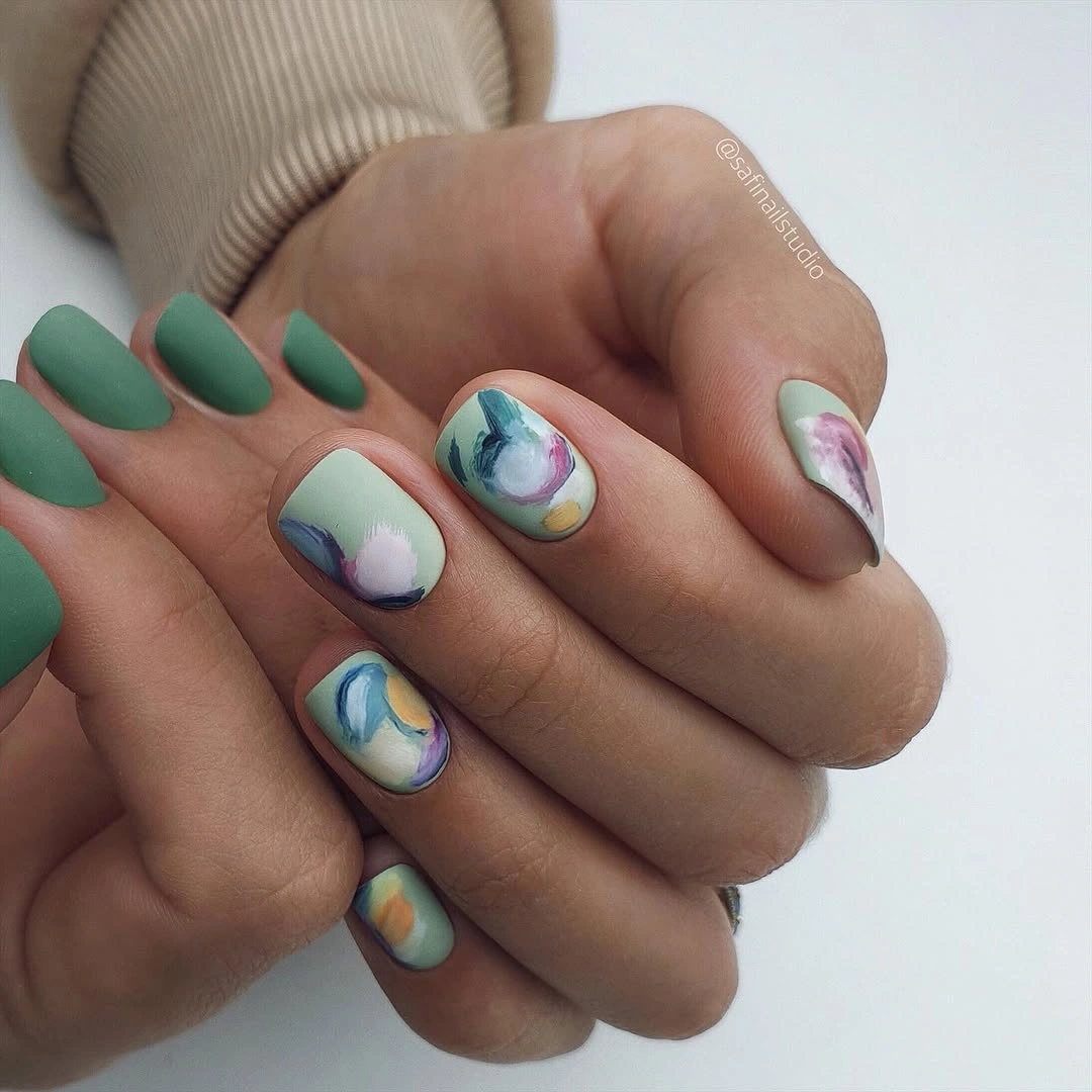 elegant fall short nails 2026 Muted Sage Artistic Swirls