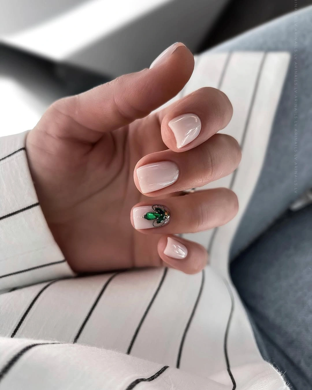elegant fall short nails 2026 Soft Neutral Nails With Emerald Accent