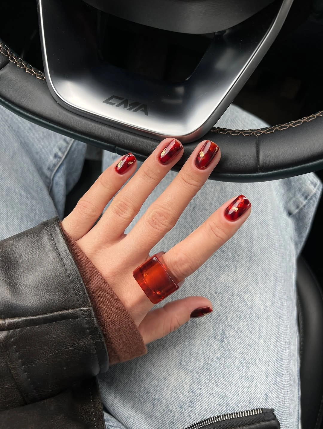 elegant fall short nails 2026 Amber Glass Burgundy Nails