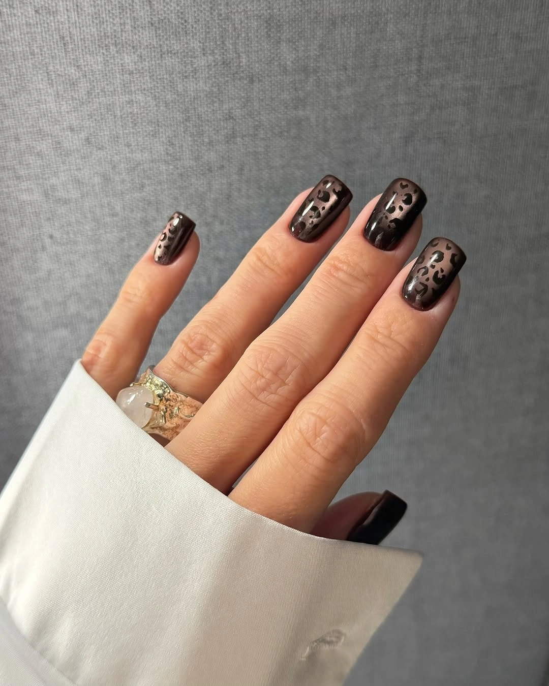 elegant fall short nails 2026 Dark Leopard Accent Nails