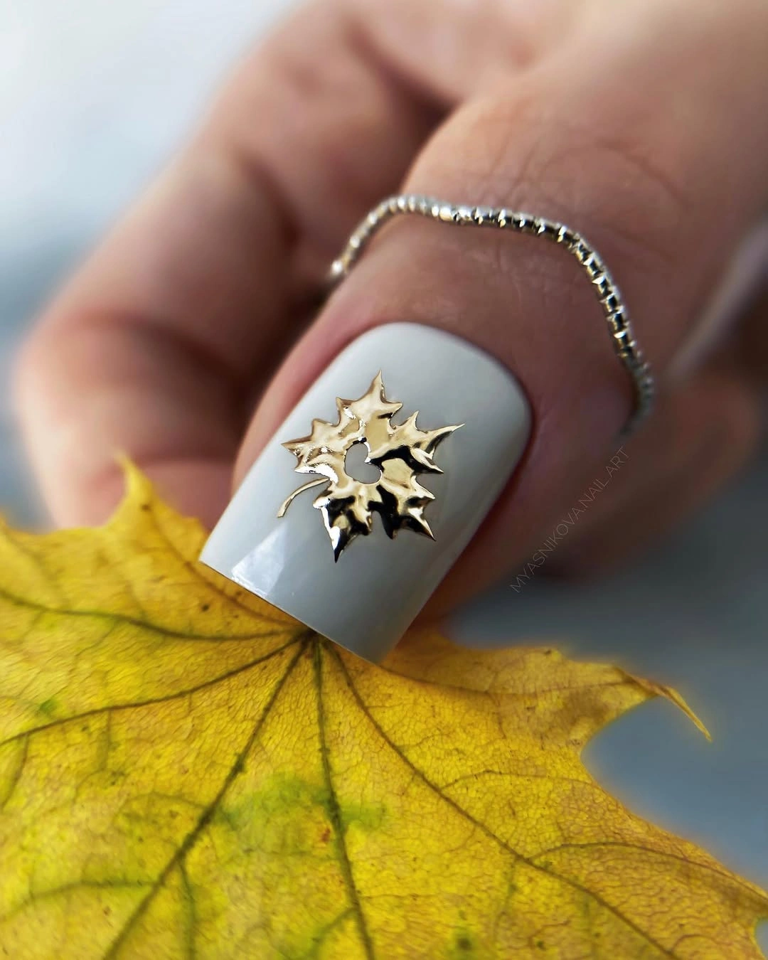 elegant fall short nails 2026 Soft Neutral With Golden Maple Accent
