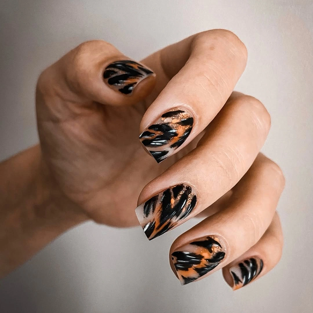 elegant fall short nails 2026 Abstract Bronze Brush Strokes
