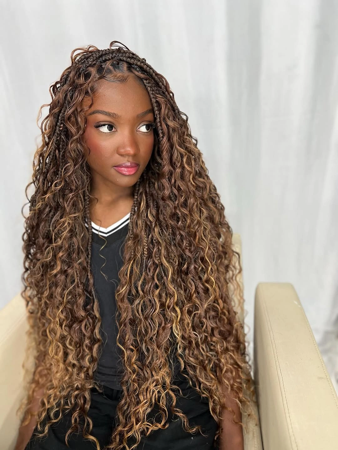 elegant goddess braid Honey Brown Curls With Soft Boho Movement