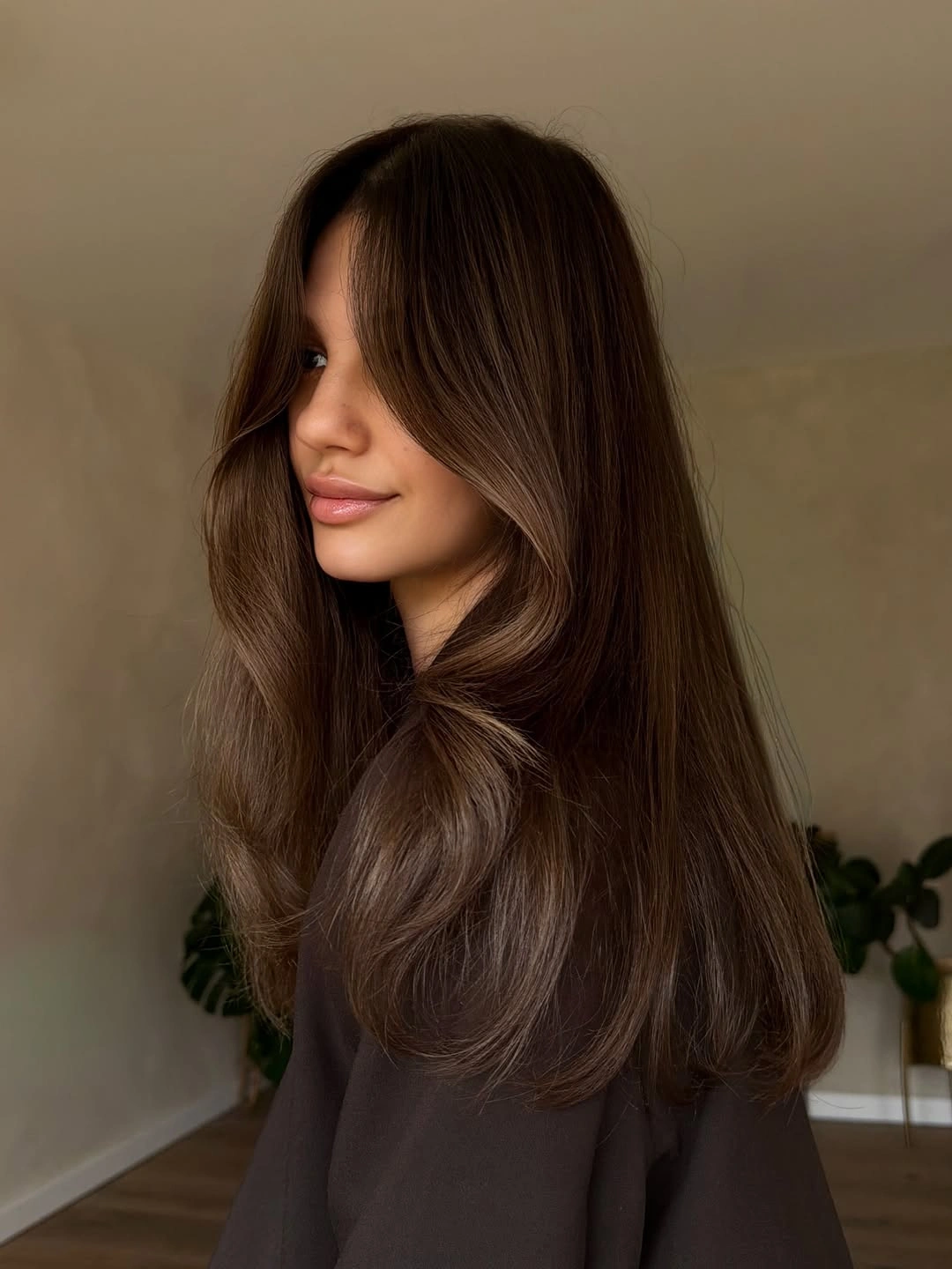 fall brunette hair colour 2026 Silky Mocha Layers With Face Framing Light
