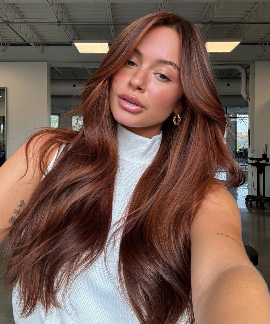 fall brunette hair colour 2026 Cinnamon Brunette With Glossy Long Layers