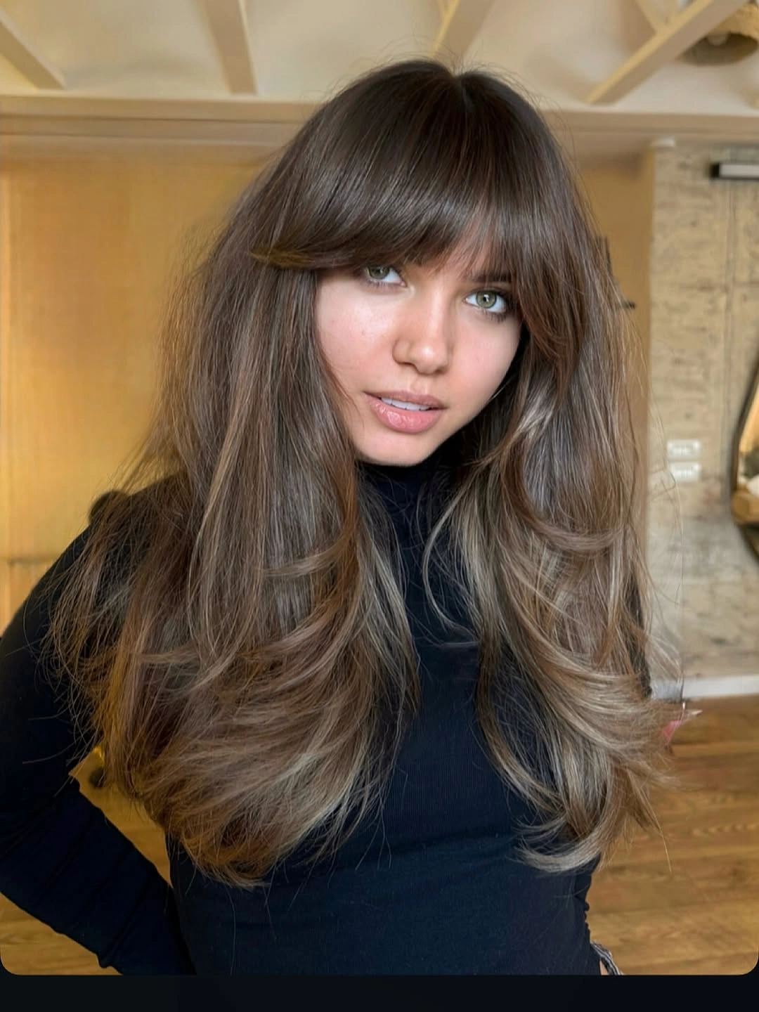 fall brunette hair colour 2026 Soft Brunette Butterfly Layers With Wispy Bangs