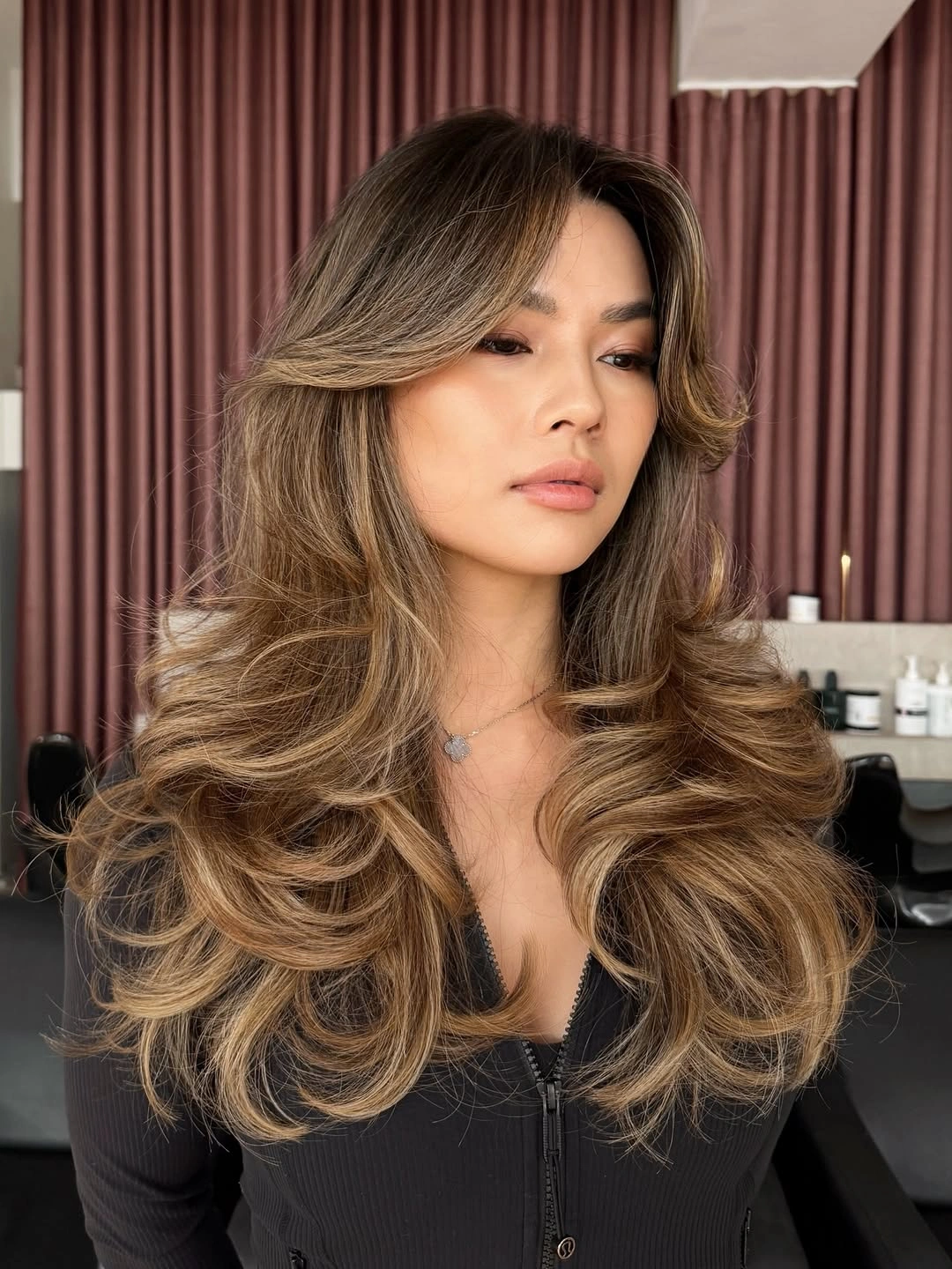 fall hair colour ideas 2026 Luxurious Espresso Brown With Honey Ribbon Highlights