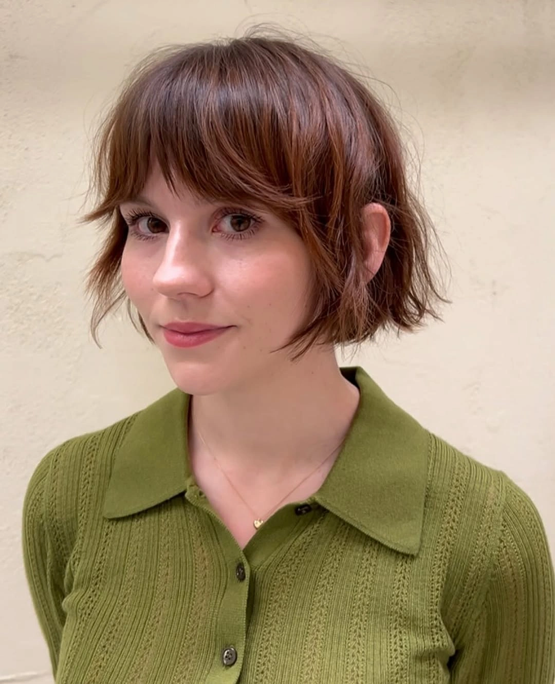 fall hair colour ideas 2026 Chestnut French Bob With Feathered Bangs