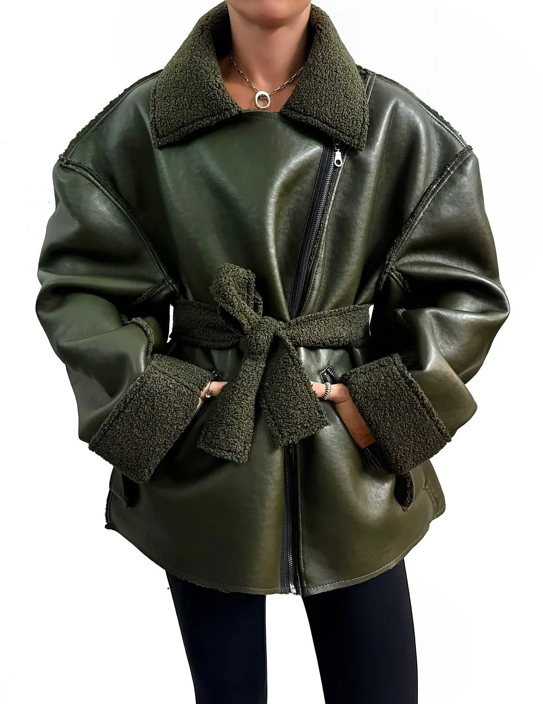 fall outfits biker jacket 2026 The Olive Shearling Statement Jacket
