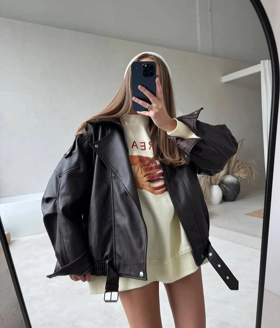 fall outfits biker jacket 2026 The Casual Oversized Moto And Sweatshirt Combo