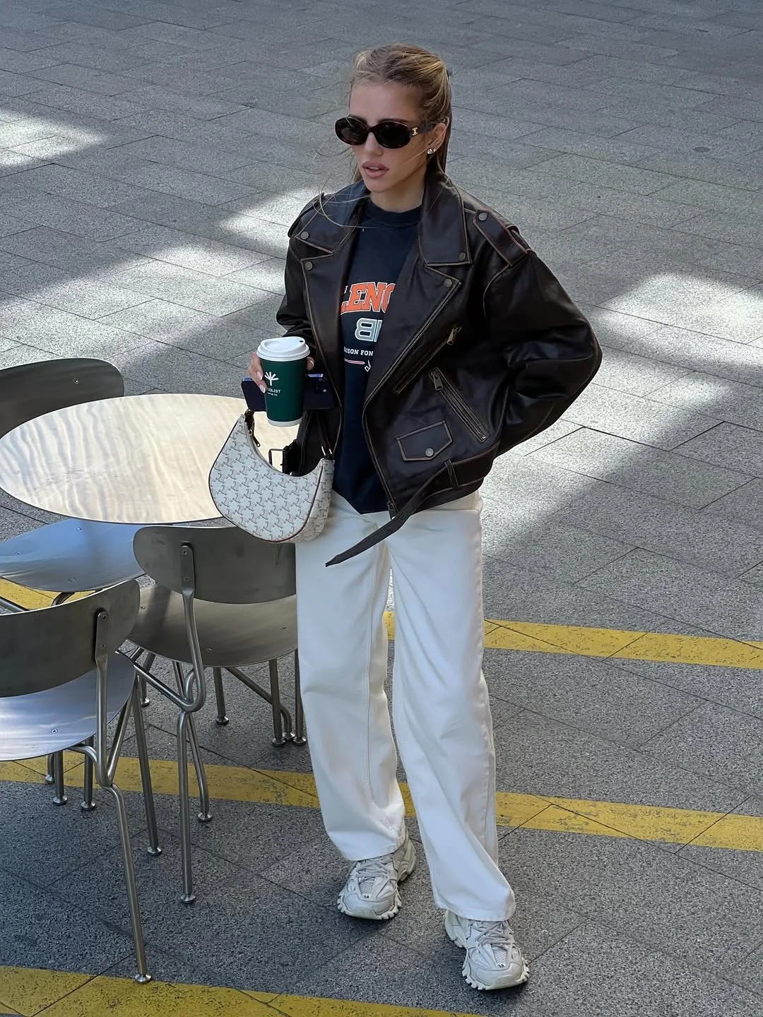 fall outfits biker jacket 2026 The Off-Duty Black Leather And White Trousers Look