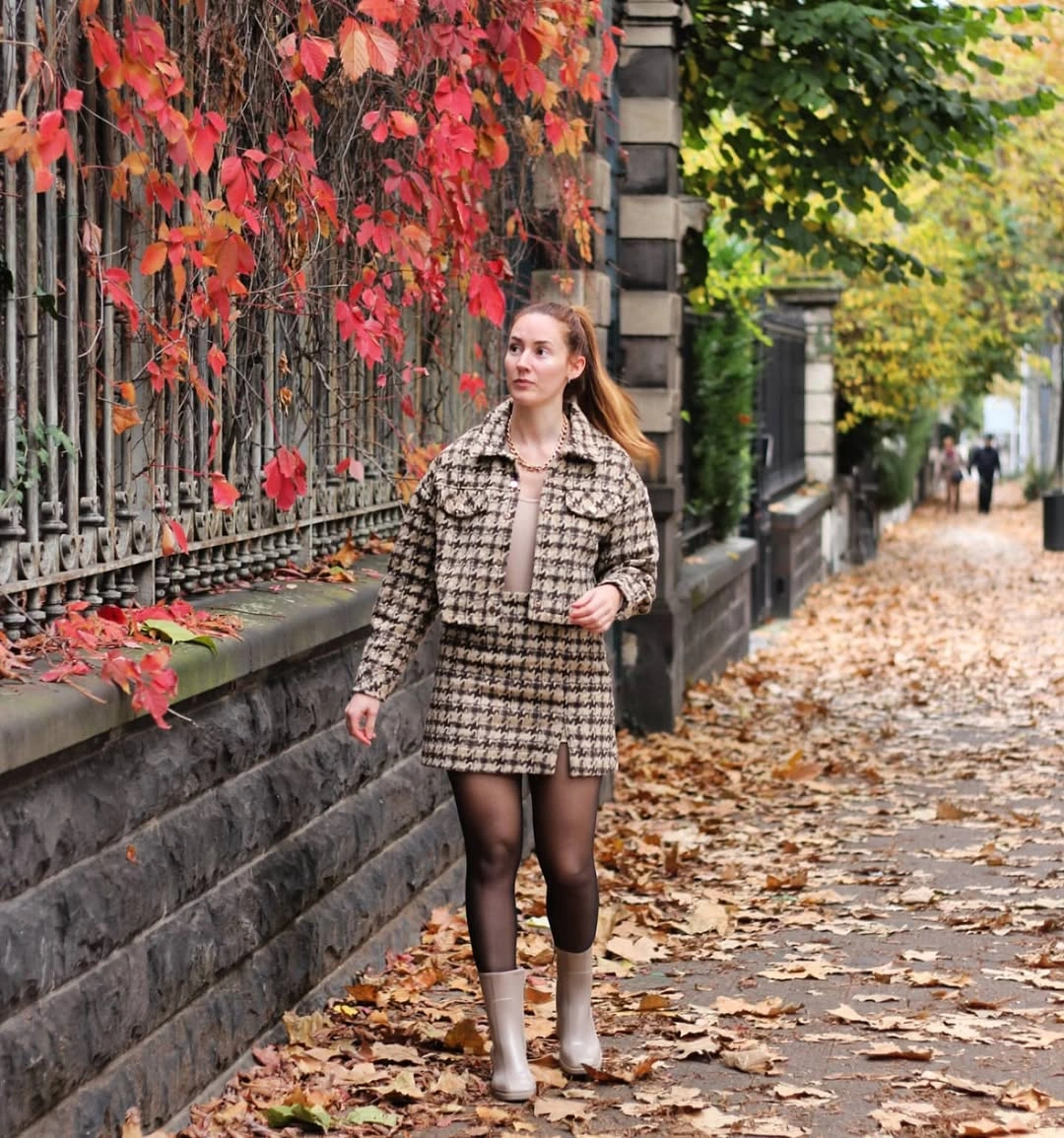 fall outfits with combat boots 2026 Modern Houndstooth Mini And Combat Boots