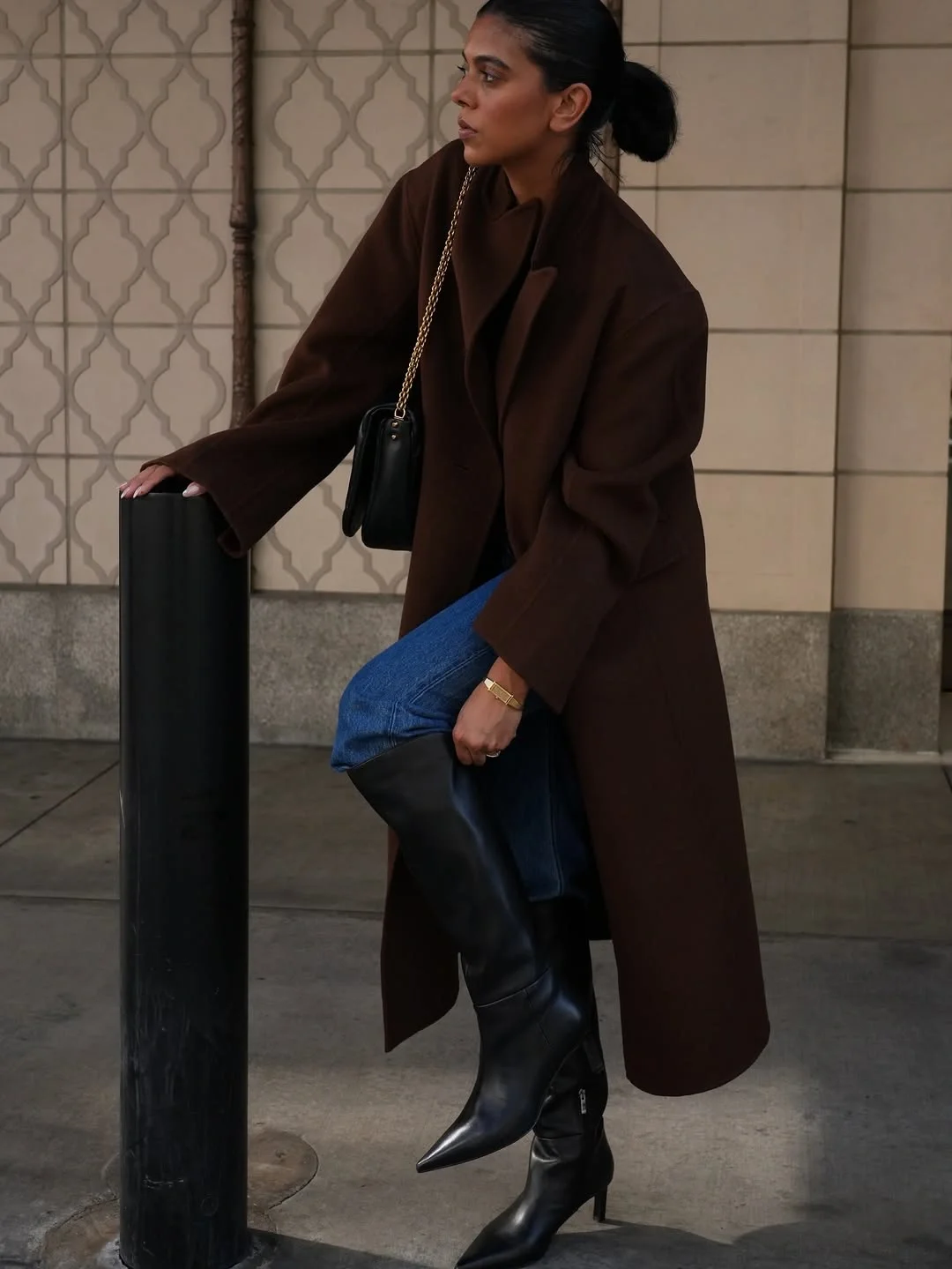 fall outfits with knee high boots 2026 Chocolate Layers Meet Sleek Black Boots