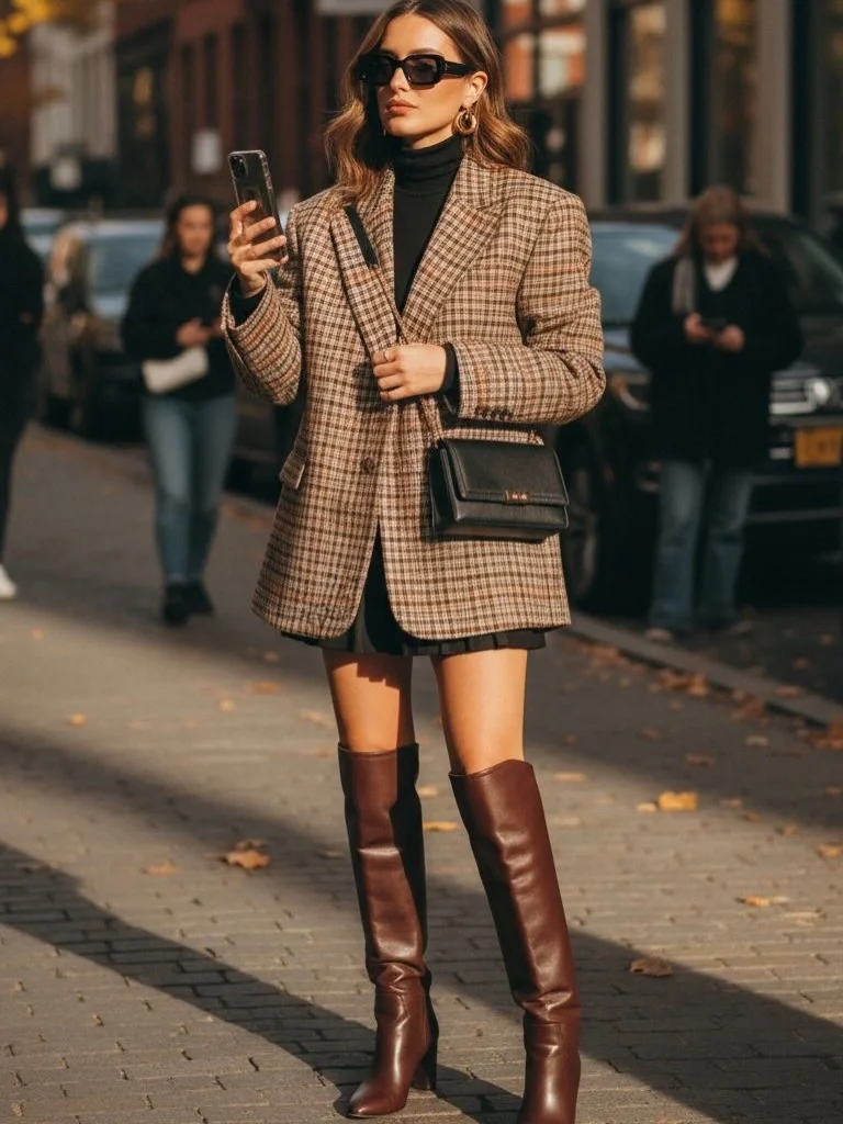 fall outfits with knee high boots 2026 Checked Blazer and Tall Brown Boots for City Days