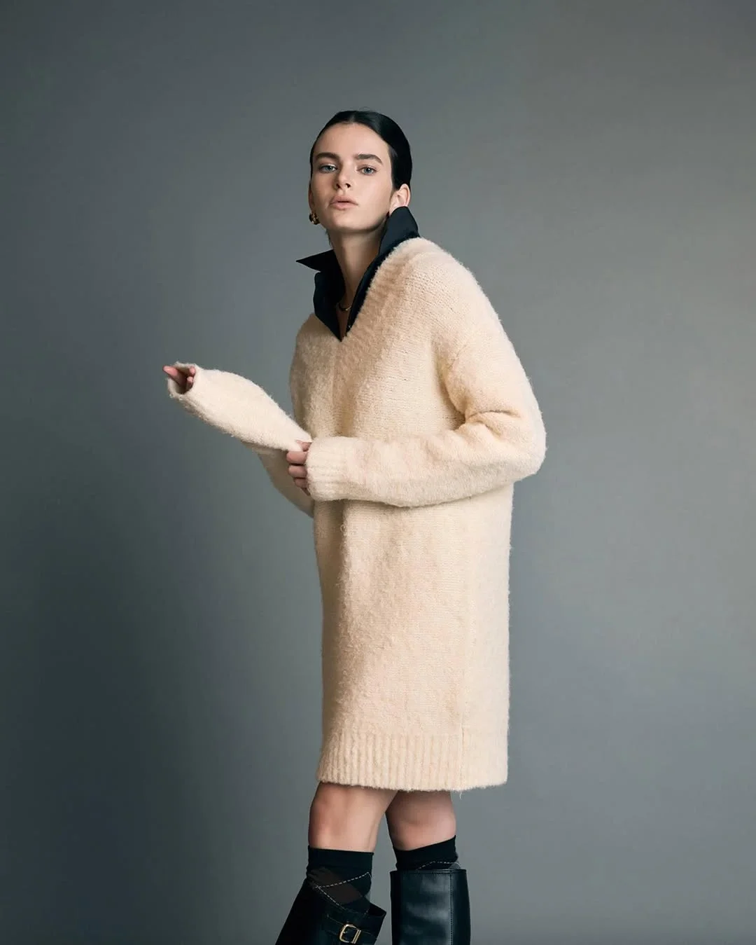 fall sweater dress outfits 2026 Soft Neutrals With Riding Boots