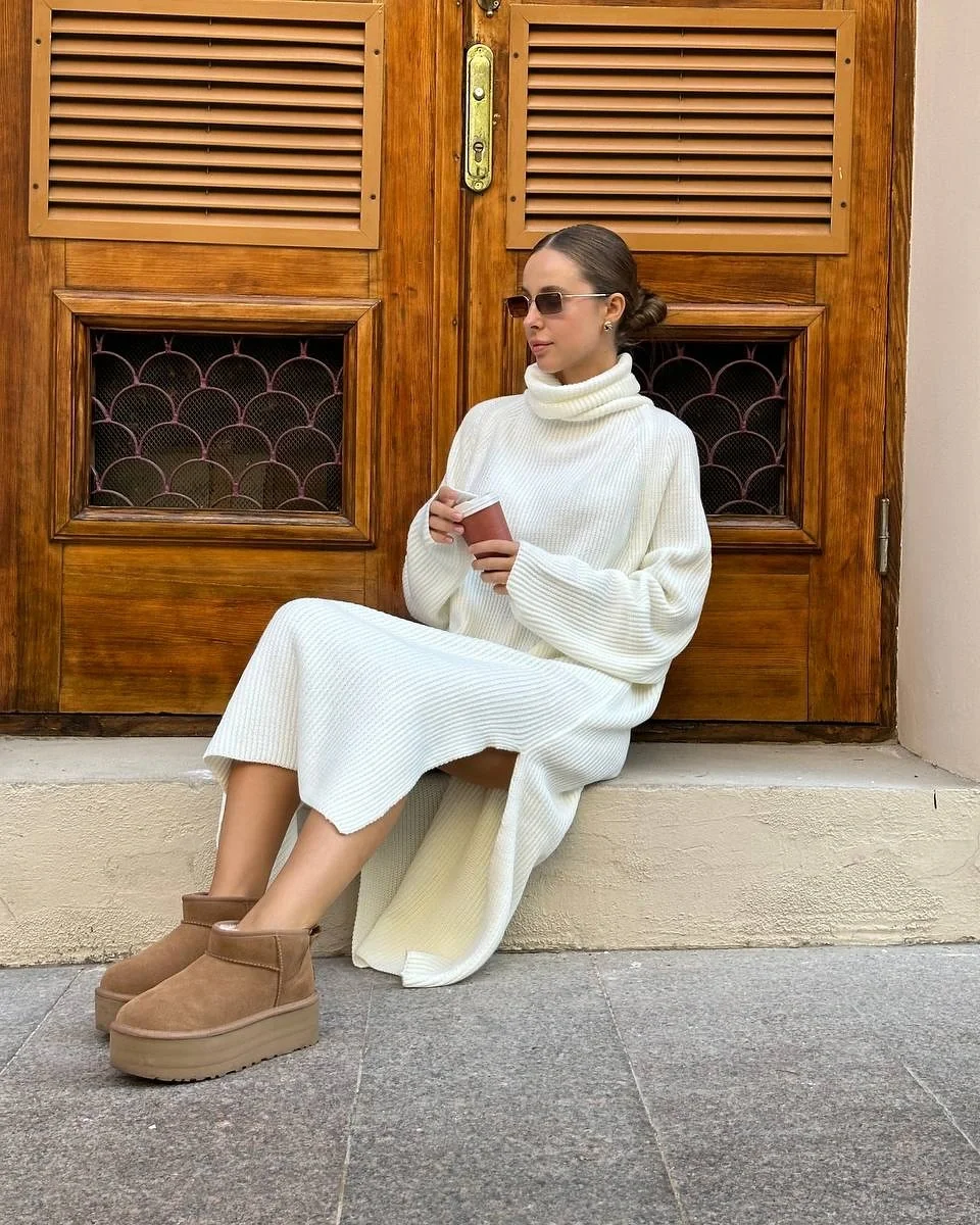 fall sweater dress outfits 2026 Relaxed Cream Knit With Cozy Platform Boots