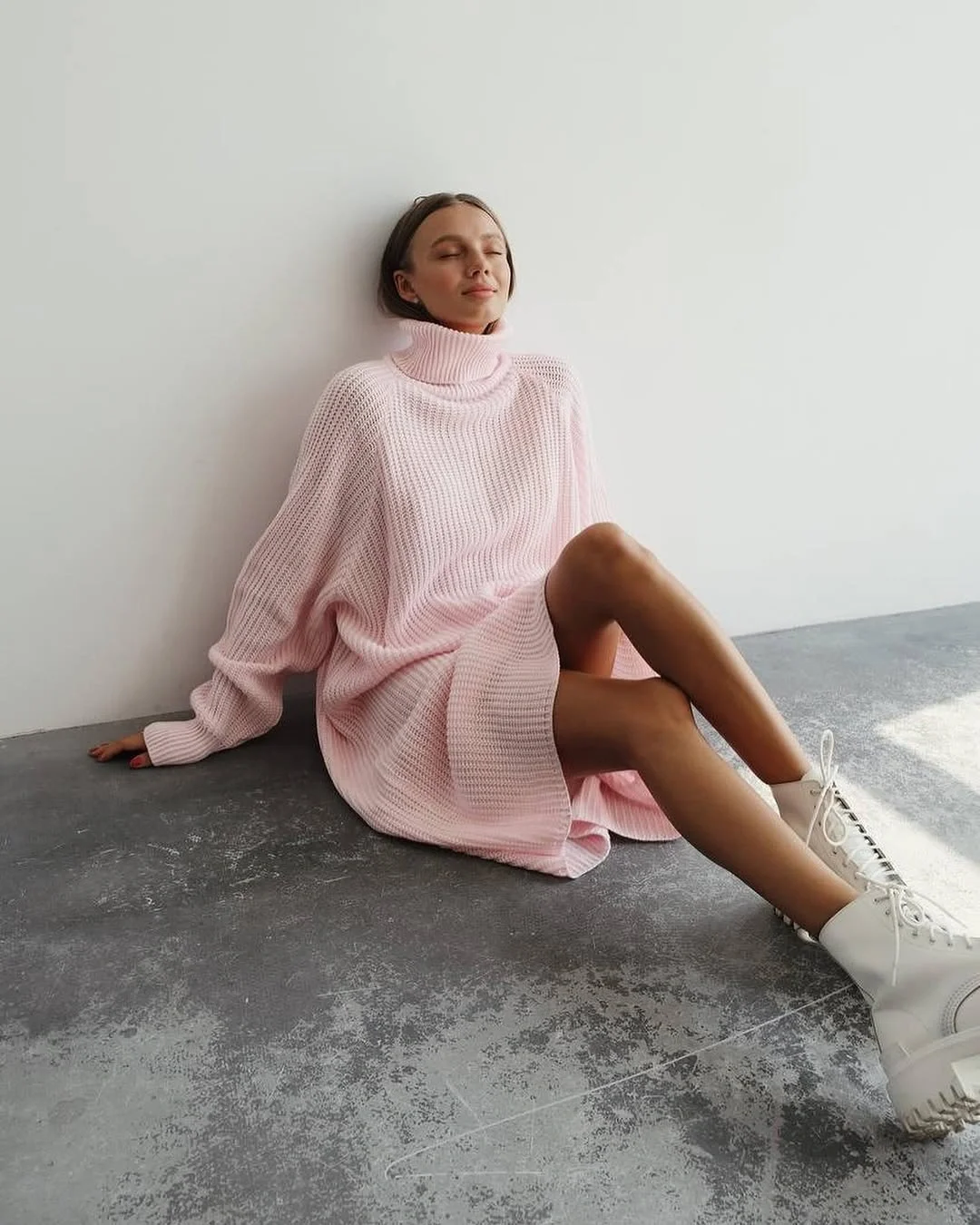 fall sweater dress outfits 2026 Blush Knit With White Lace-Up Boots