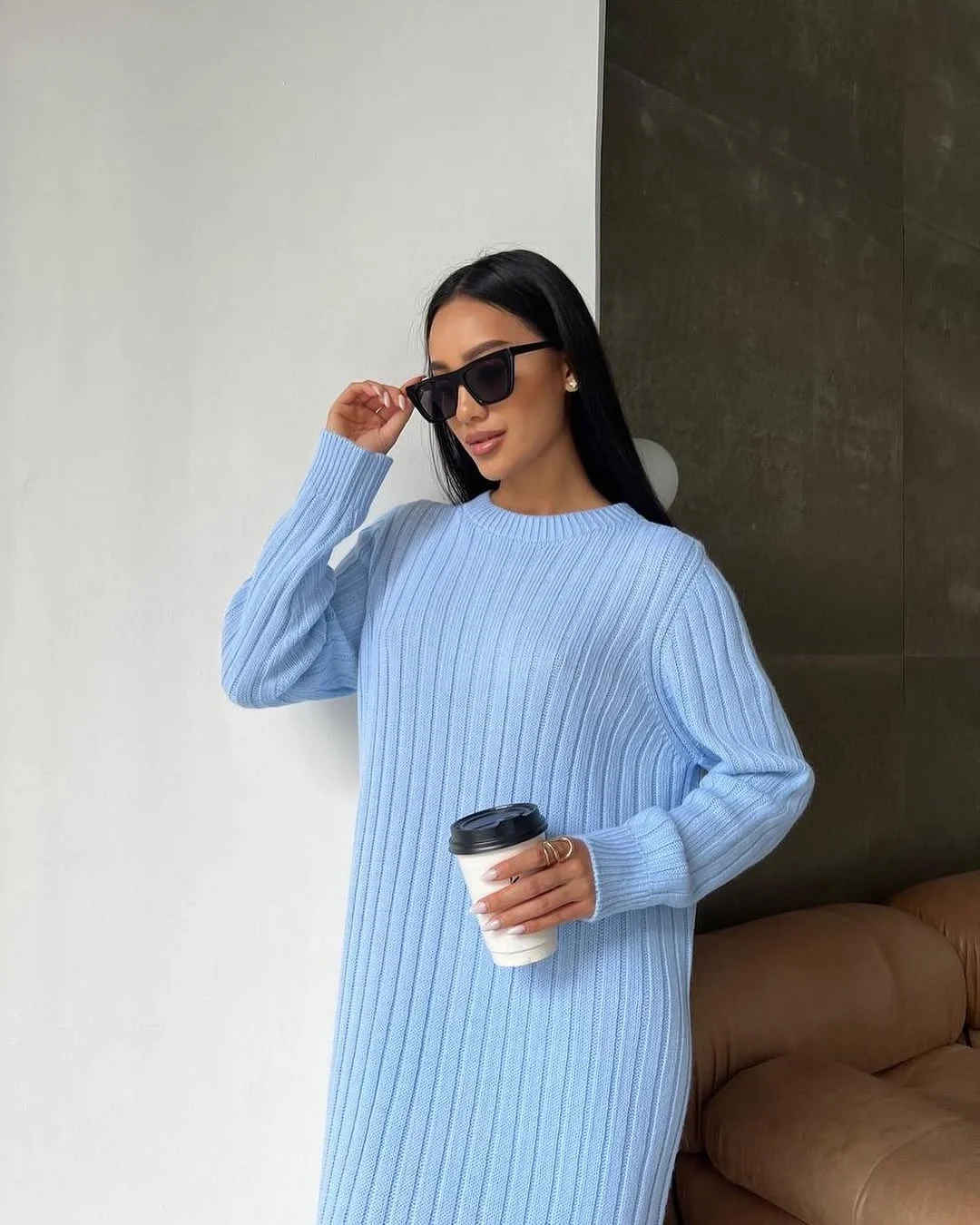 fall sweater dress outfits 2026 Powder Blue Minimalist Knit Dress