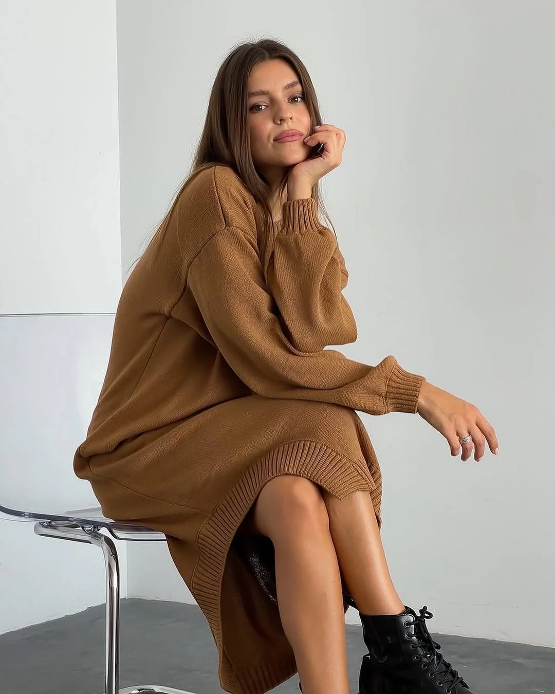 fall sweater dress outfits 2026 Warm Brown Sweater Dress With Combat Boots