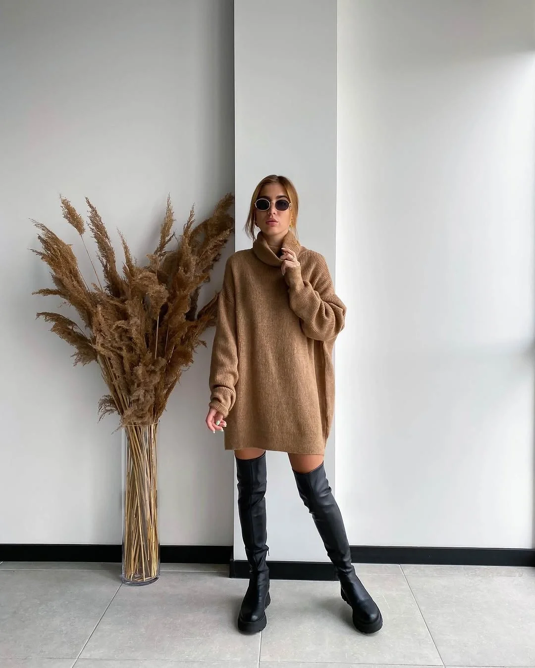 fall sweater dress outfits 2026 Brown Oversized Knit With Over The Knee Boots