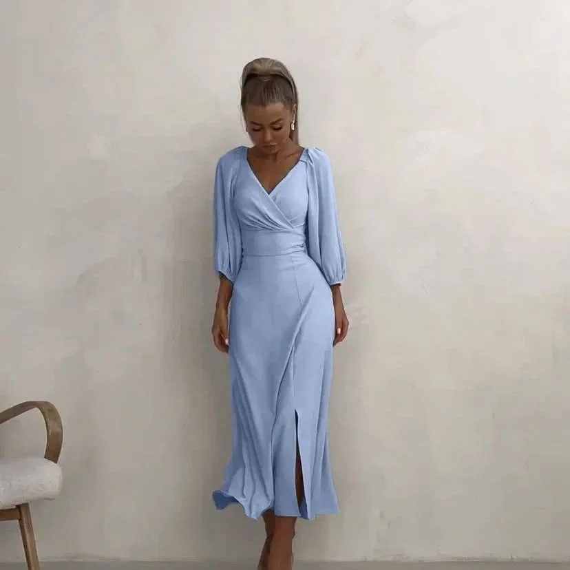 fall Wrap dress outfit 2026 Soft Blue Midi Dresses That Transition Beautifully Into Fall