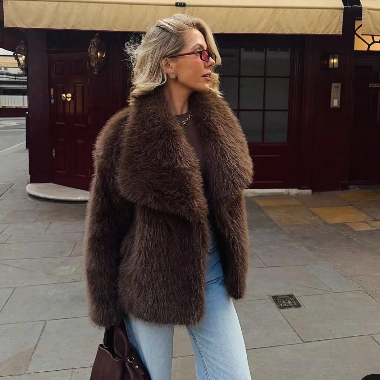 glamorous faux fur jacket Soft Espresso Fur With Everyday Denim