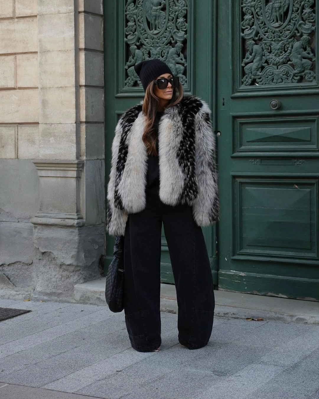 glamorous faux fur jacket Monochrome Winter Street Style