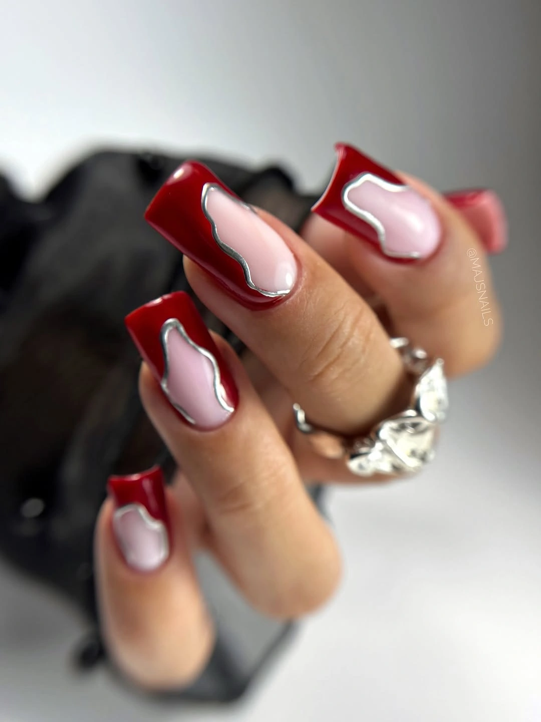 gorgeous fall manicure 2026 Deep Cherry Nails With Molten Silver Accents
