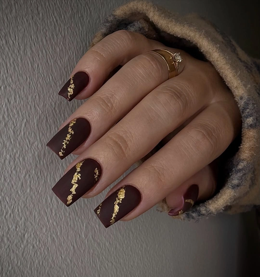 gorgeous fall manicure 2026 Chocolate Brown Matte With Gold Leaf Details