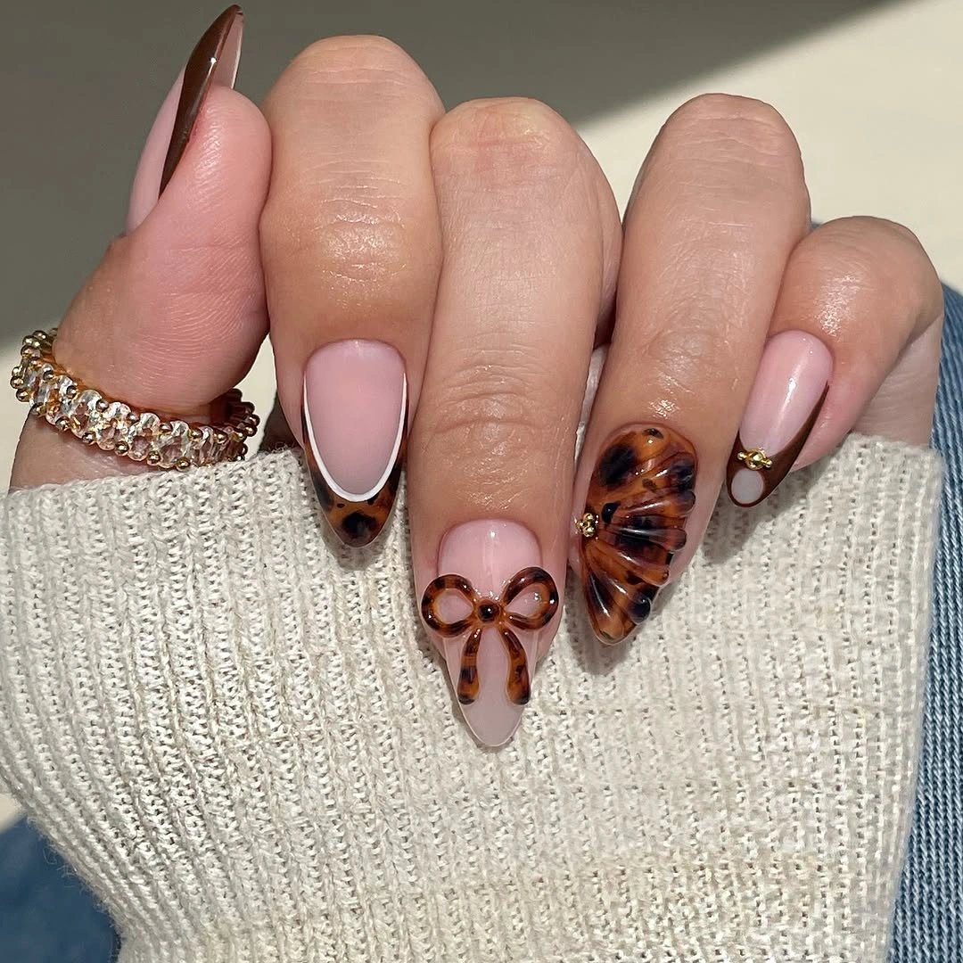 gorgeous september nail designs 2026 Elegant Tortoiseshell Ribbon Details