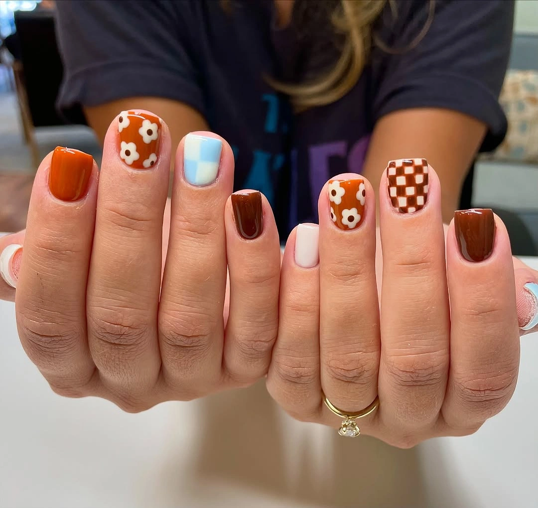 gorgeous september nail designs 2026 Playful Retro Mix for Cute Fall Square Nails