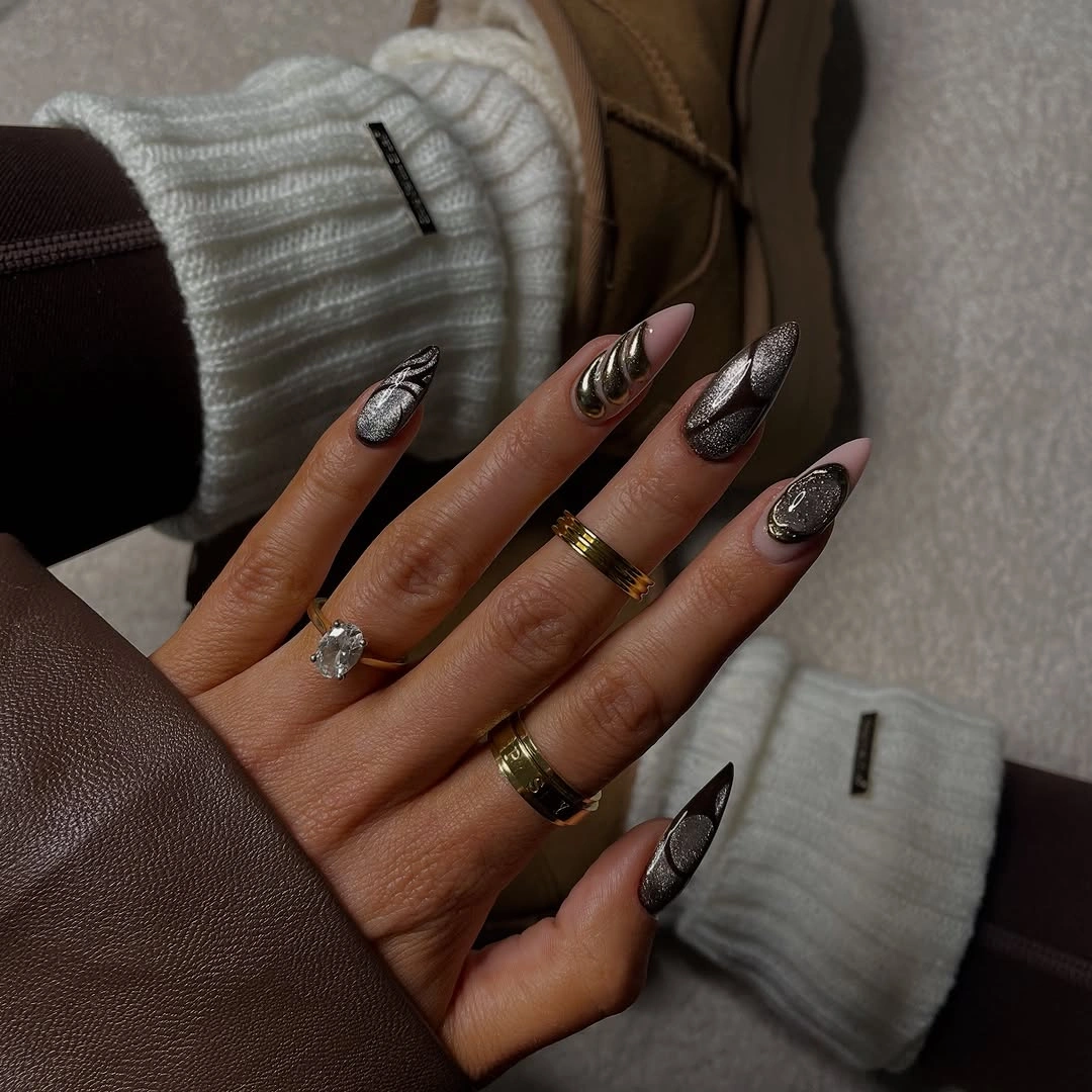 gorgeous september nail designs 2026 Smoky Chrome Evening Glam