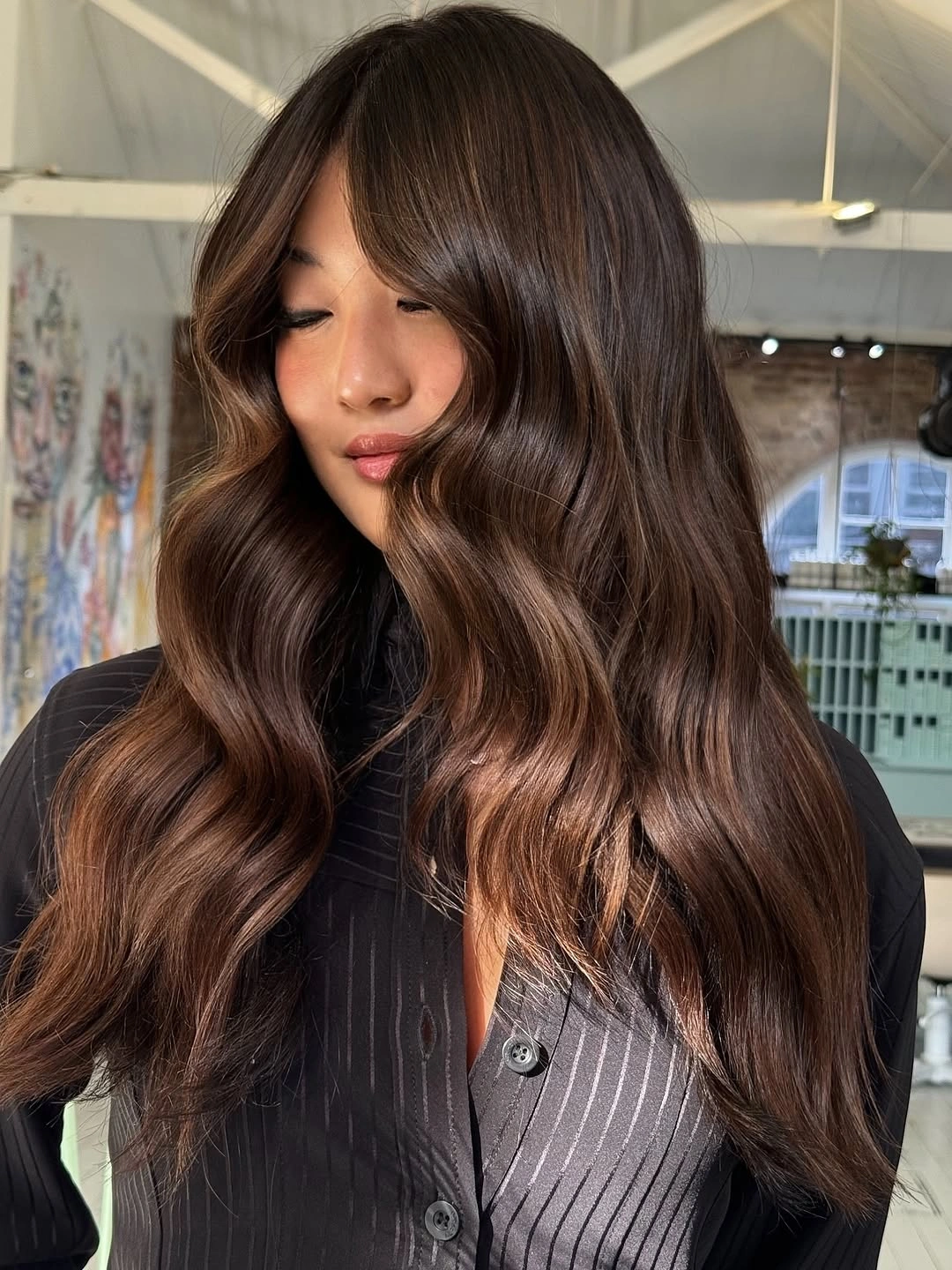 natural dimensional brunette hair color Glossy Espresso Waves With Soft Mocha Dimension