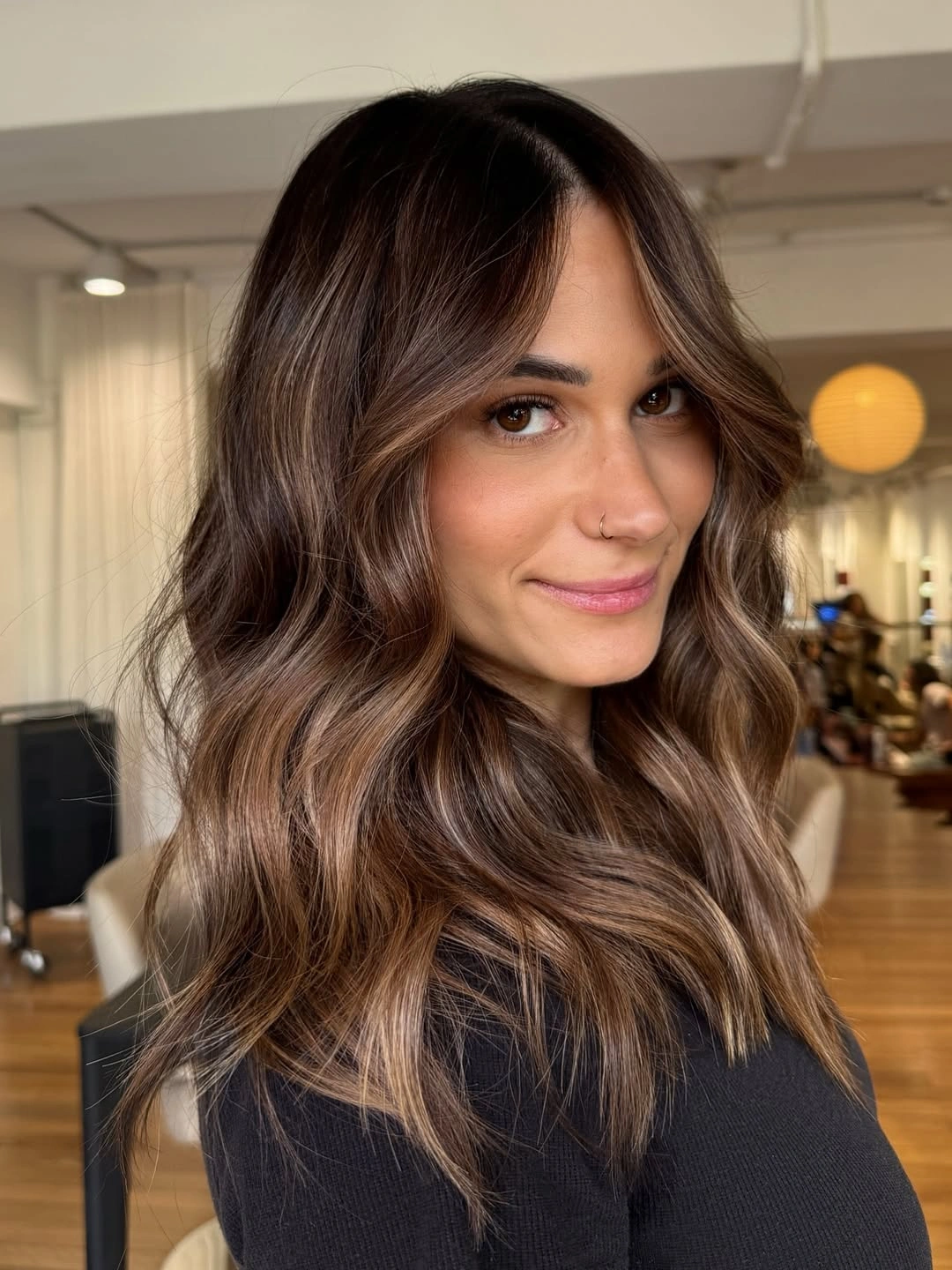 natural dimensional brunette hair color Soft Cocoa Waves With Face Framing Brightness