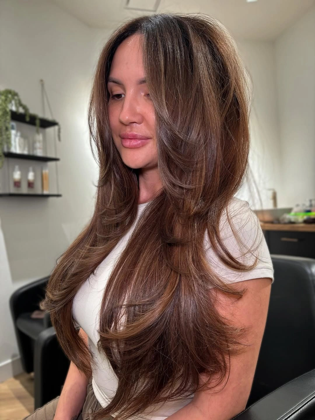 natural dimensional brunette hair color Rich Chestnut Layers With Luxurious Volume