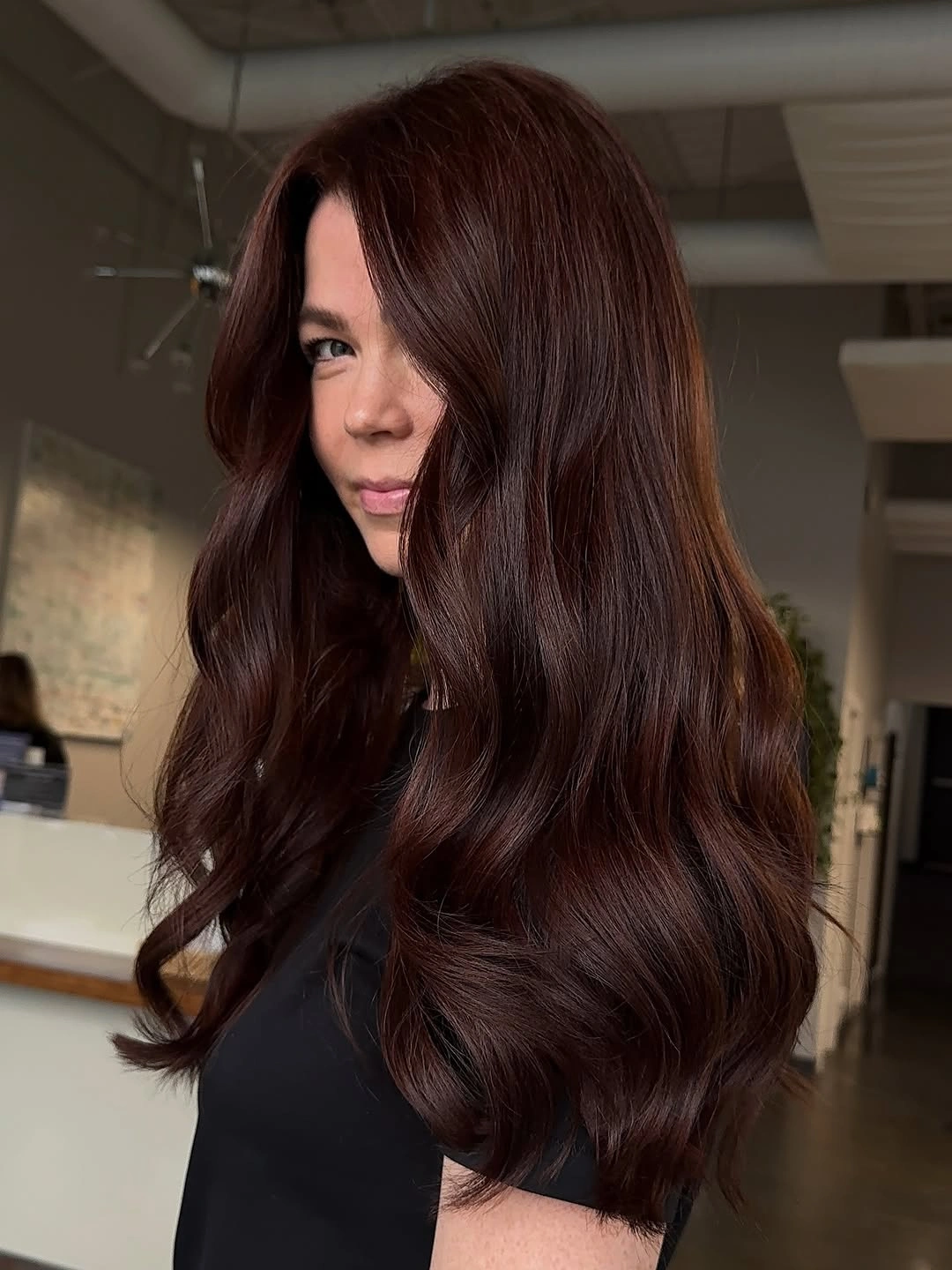 rich chestnut brown hair color Deep Chestnut Waves With A Glossy Finish