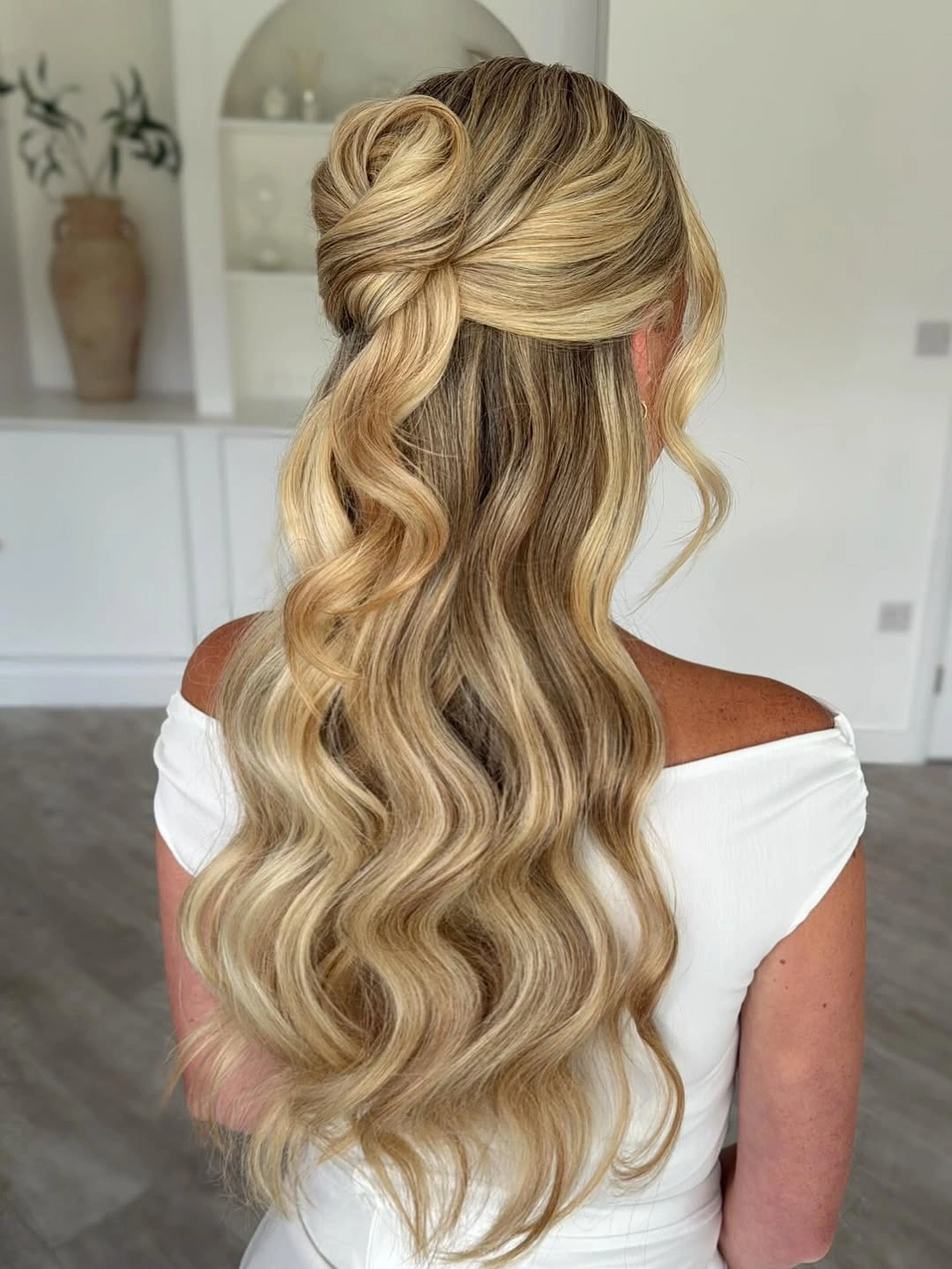 romantic bridesmaid hairstyling Classic Half Up Waves With Golden Dimension