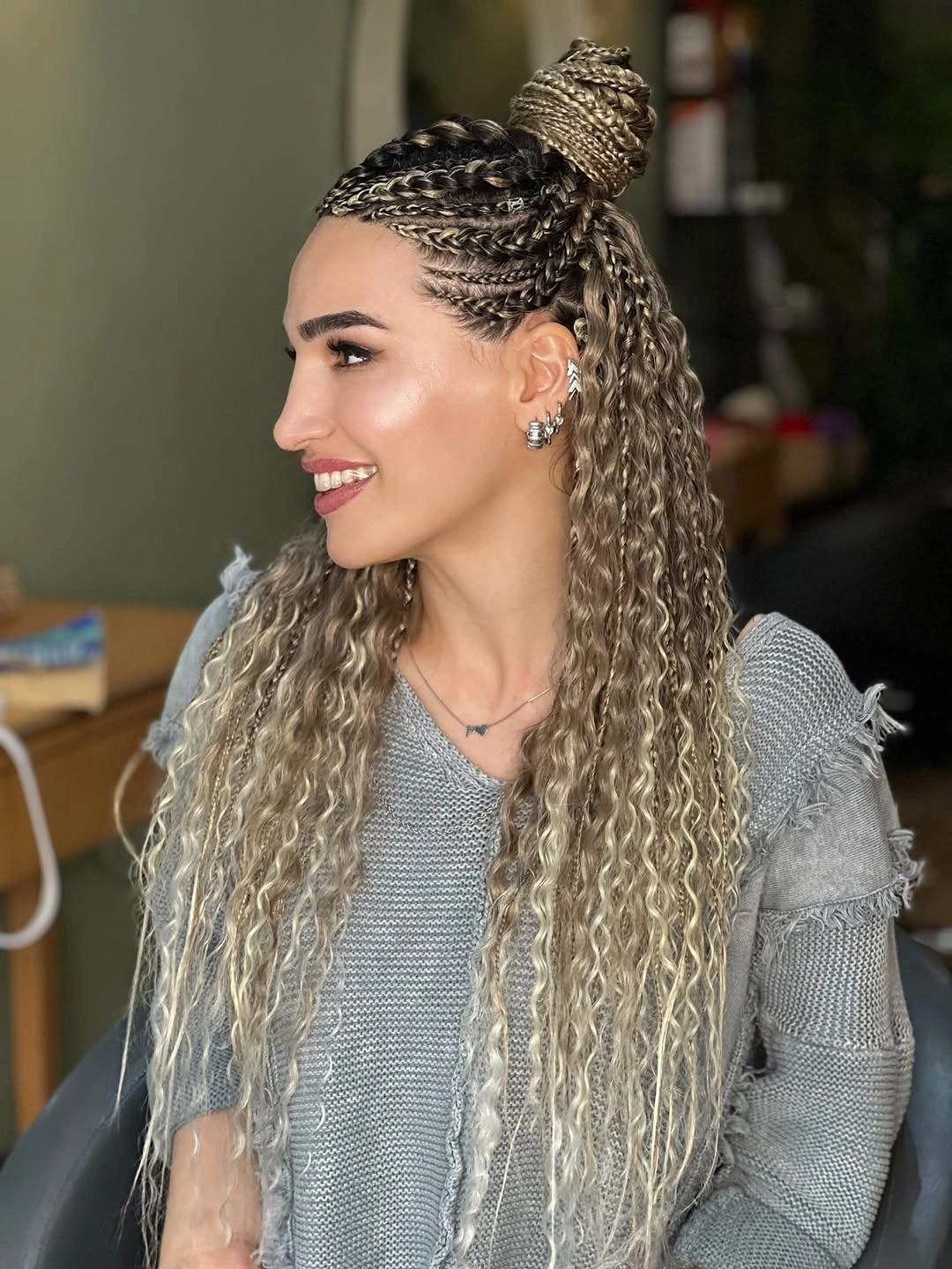 stylish bora bora braids hairstyle High Braided Bun With Dimensional Blonde Texture