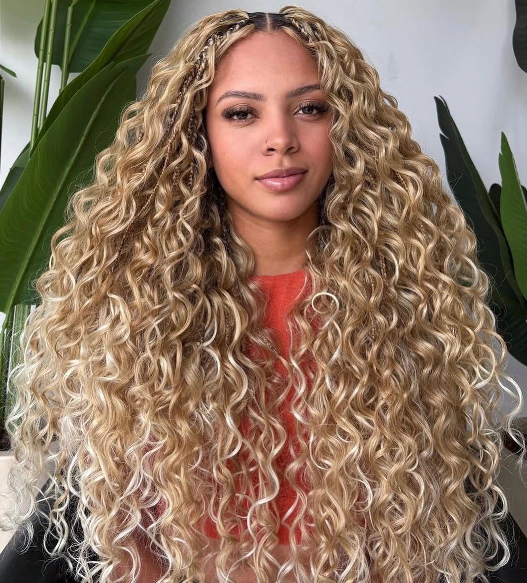 stylish bora bora braids hairstyle Voluminous Golden Curls With Invisible Accent Braids