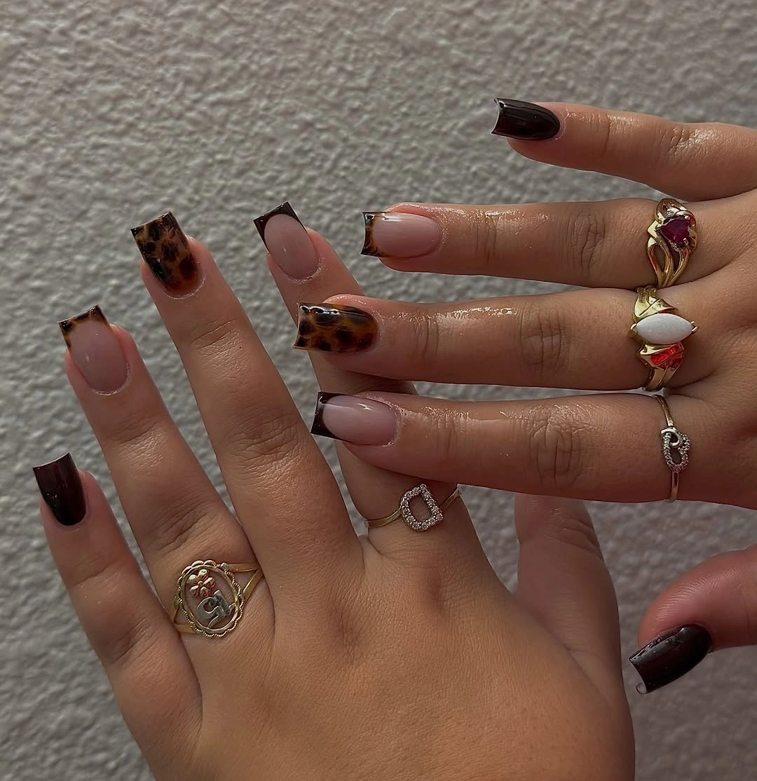 stylish fall acrylic nails 2026 Glossy Tortoiseshell French for a Chic Autumn Coffin Look