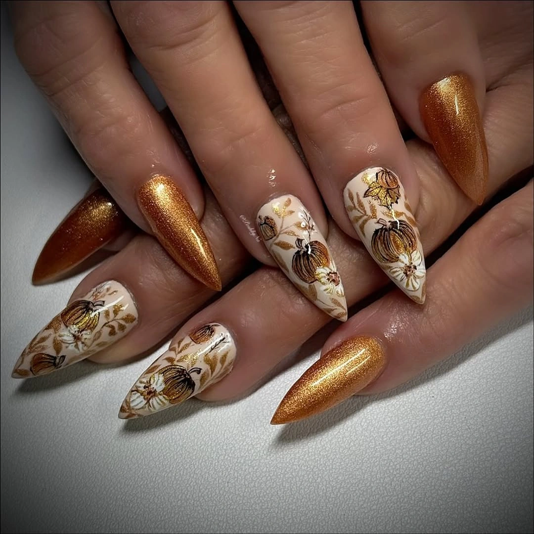 stylish fall acrylic nails 2026 Golden Botanical Acrylic Nails with Rich Autumn Warmth