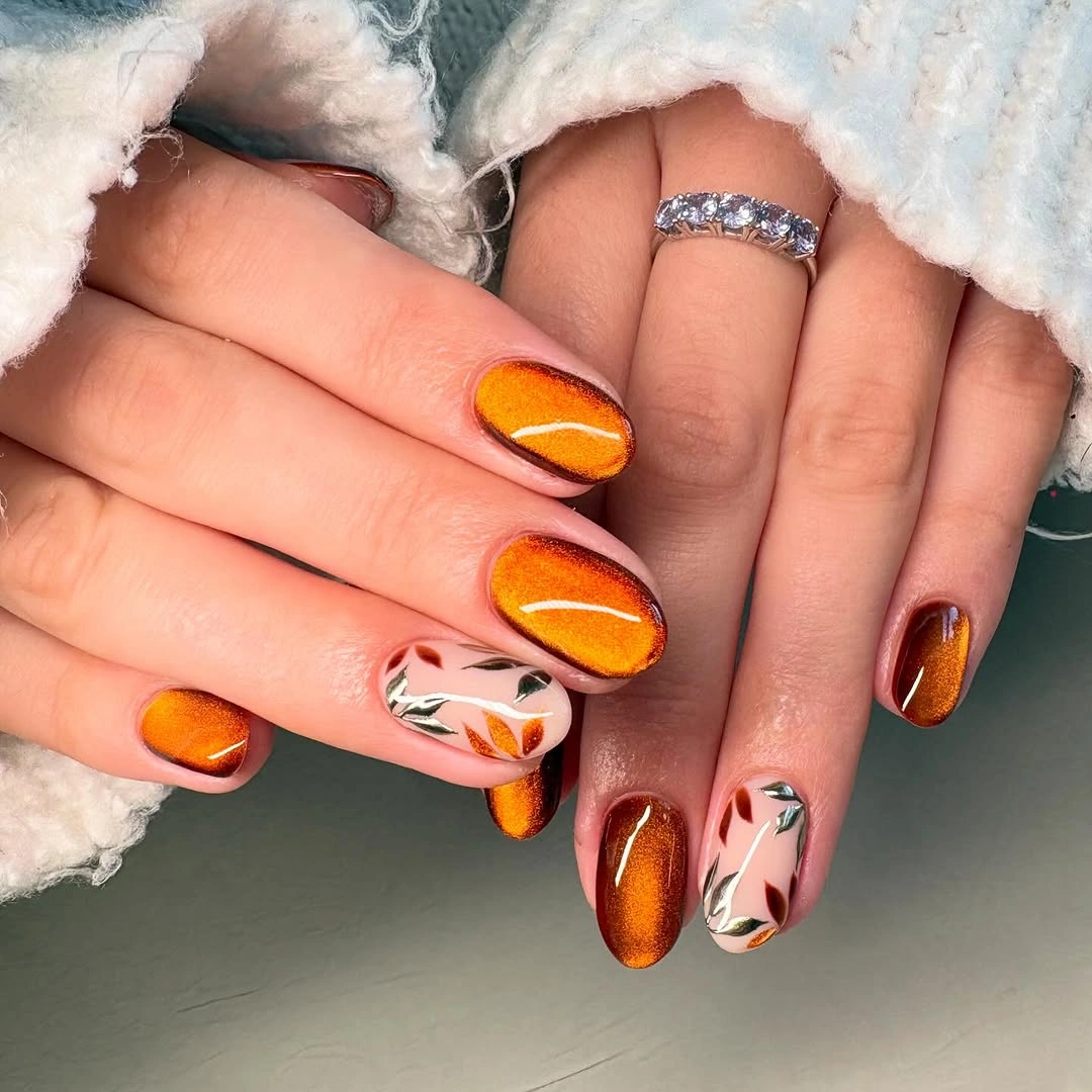stylish fall acrylic nails 2026 Metallic Orange Leaves for Cozy Fall Days