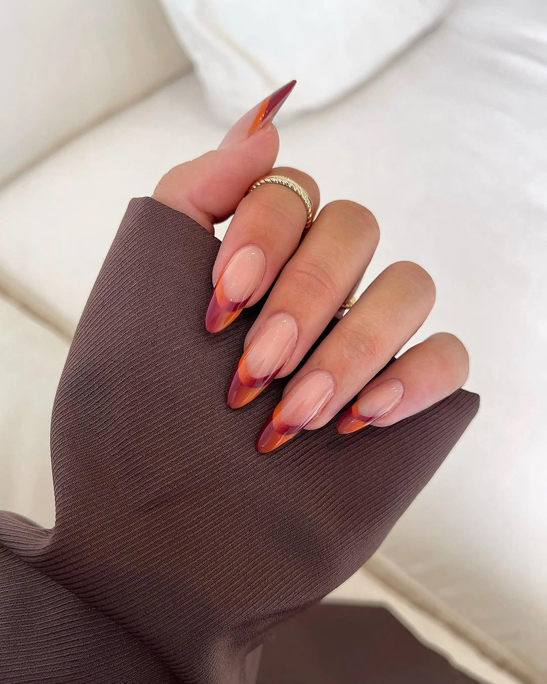 stylish fall acrylic nails 2026 Layered French Tips in Rich Fall Shades