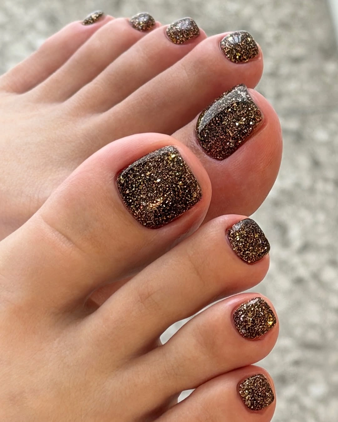 stylish fall pedicure ideas 2026 Golden Bronze Glitter Fall Pedicure