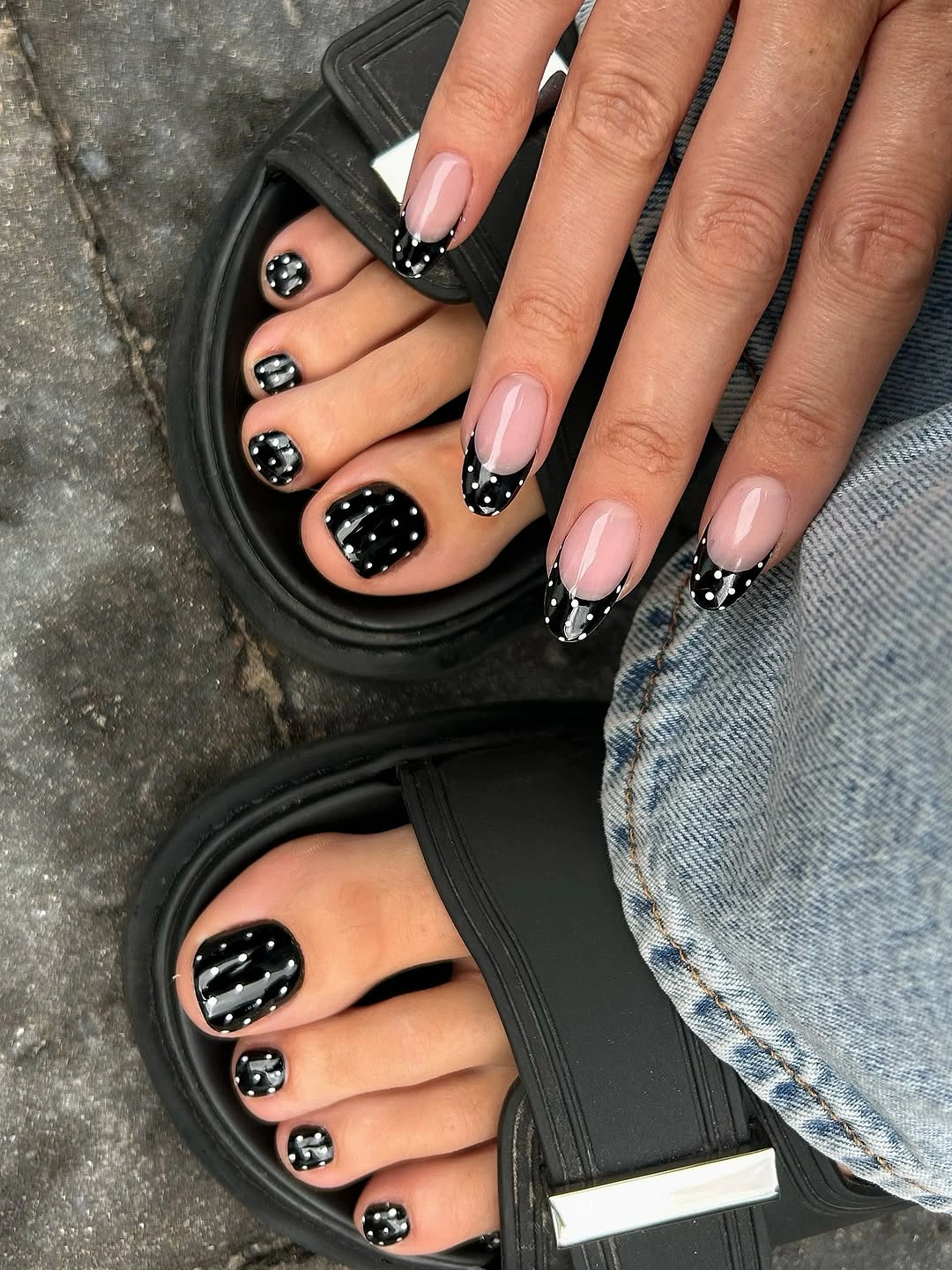 stylish fall pedicure ideas 2026 Black Polka Dot French Tips