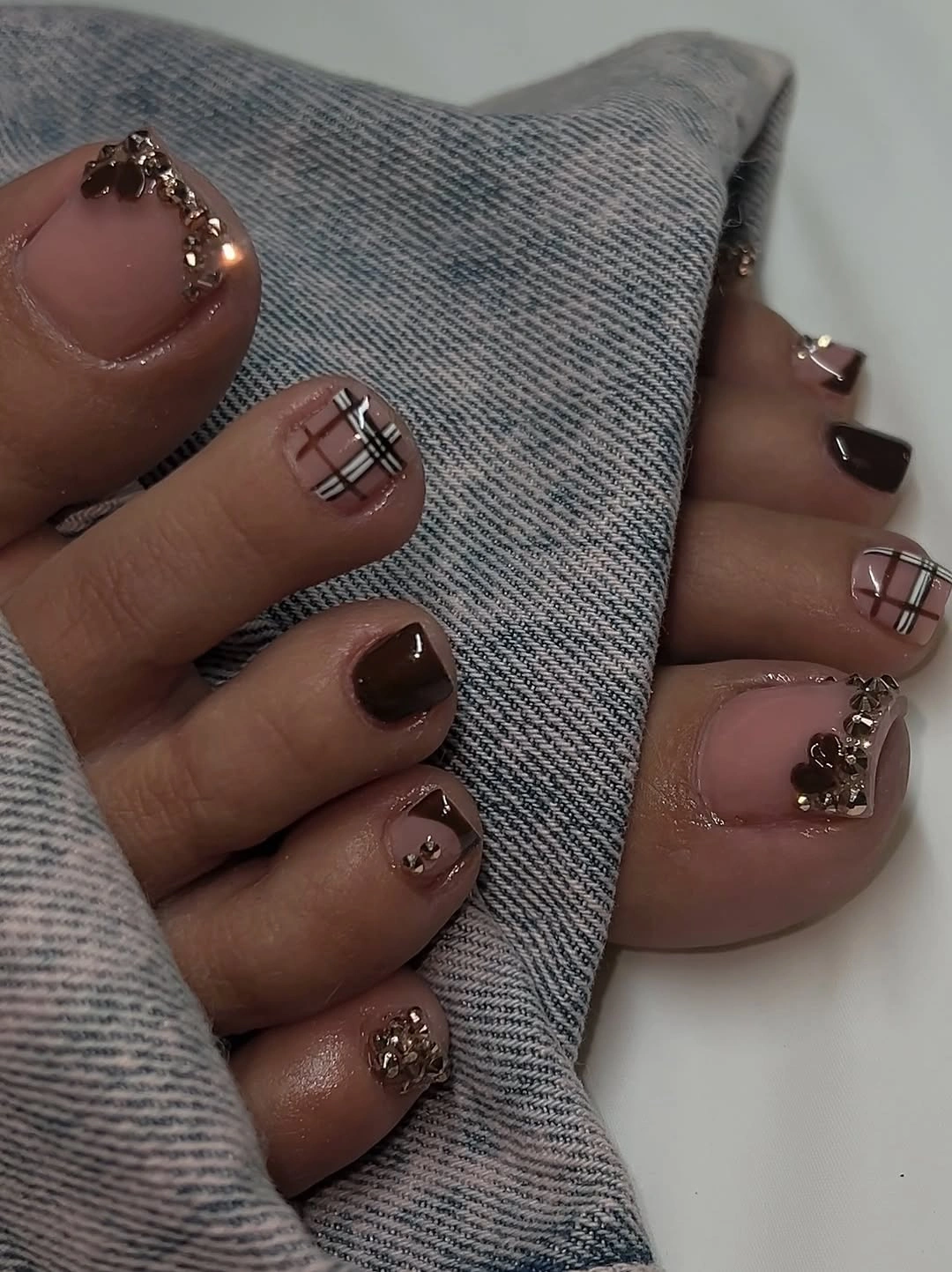 stylish fall pedicure ideas 2026 Soft Mocha Plaid With Delicate Charms