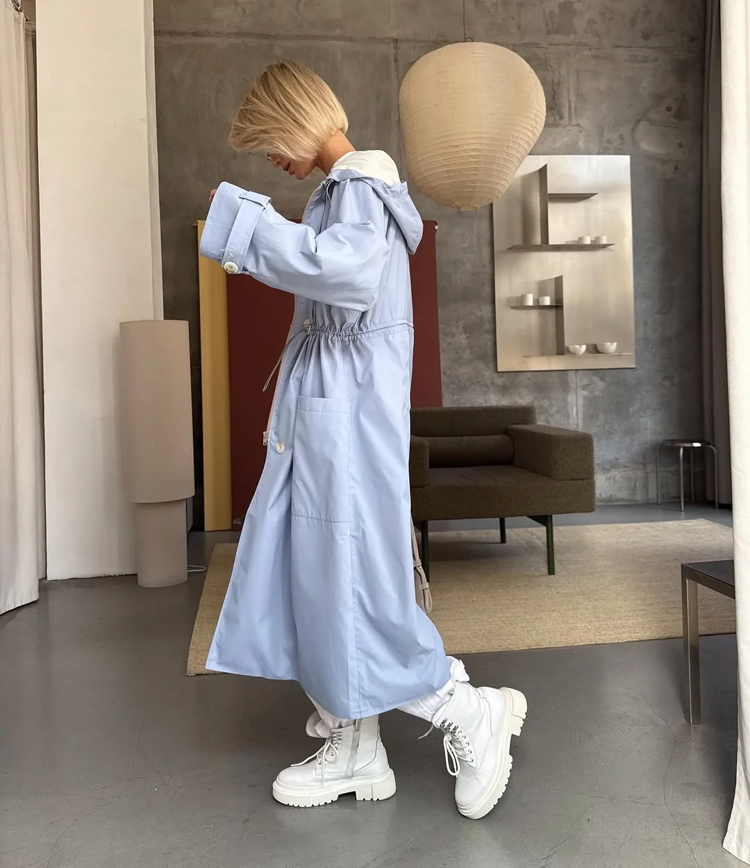 Trench coat fall outfits 2026 Powder Blue Long Trench With White Boots