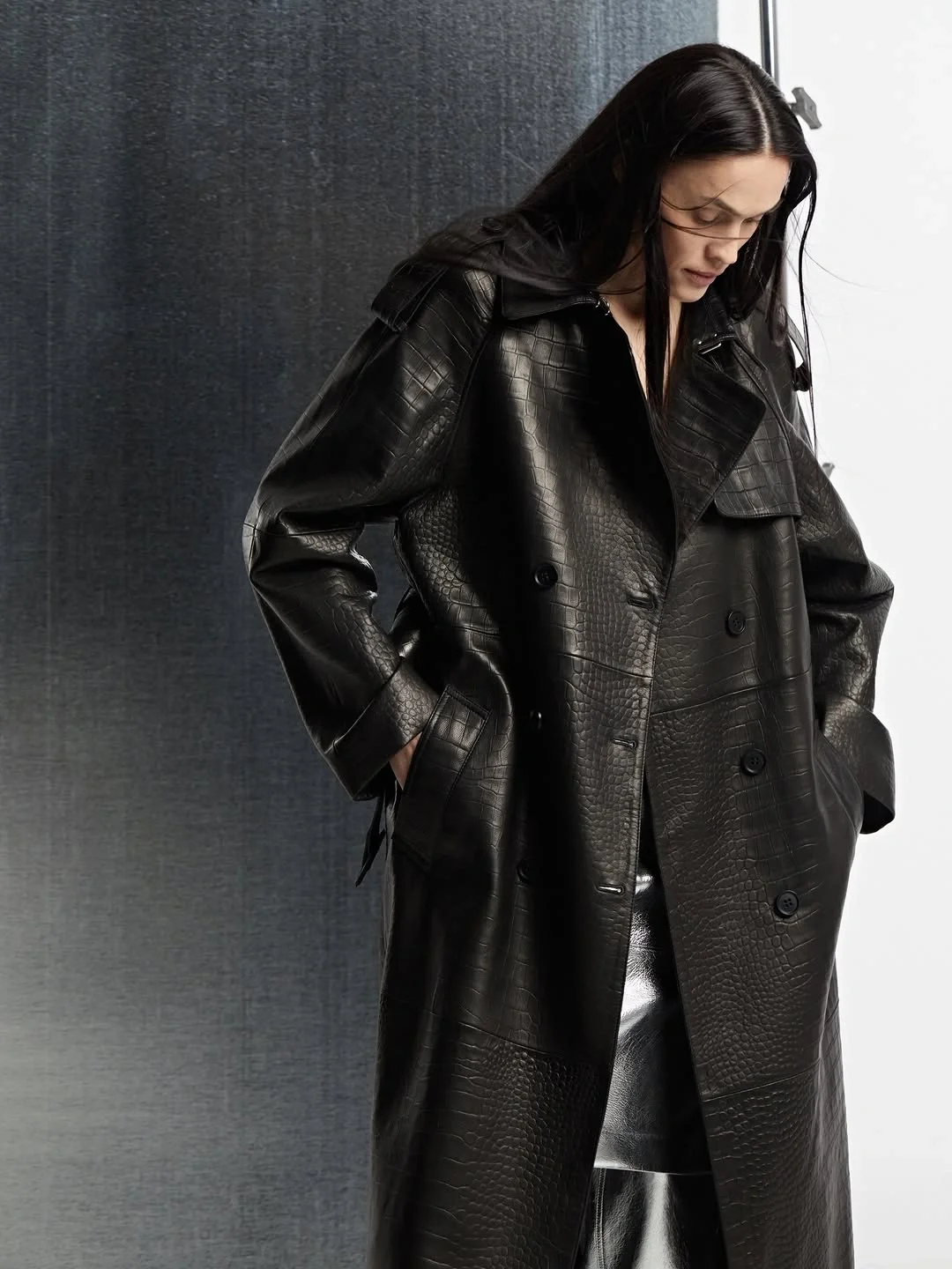 Trench coat fall outfits 2026 Black Leather Texture With Modern Edge