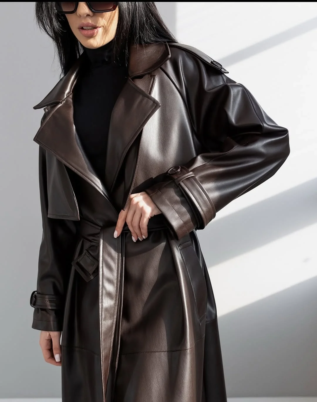 Trench coat fall outfits 2026 Dark Leather Trench With Minimal Styling