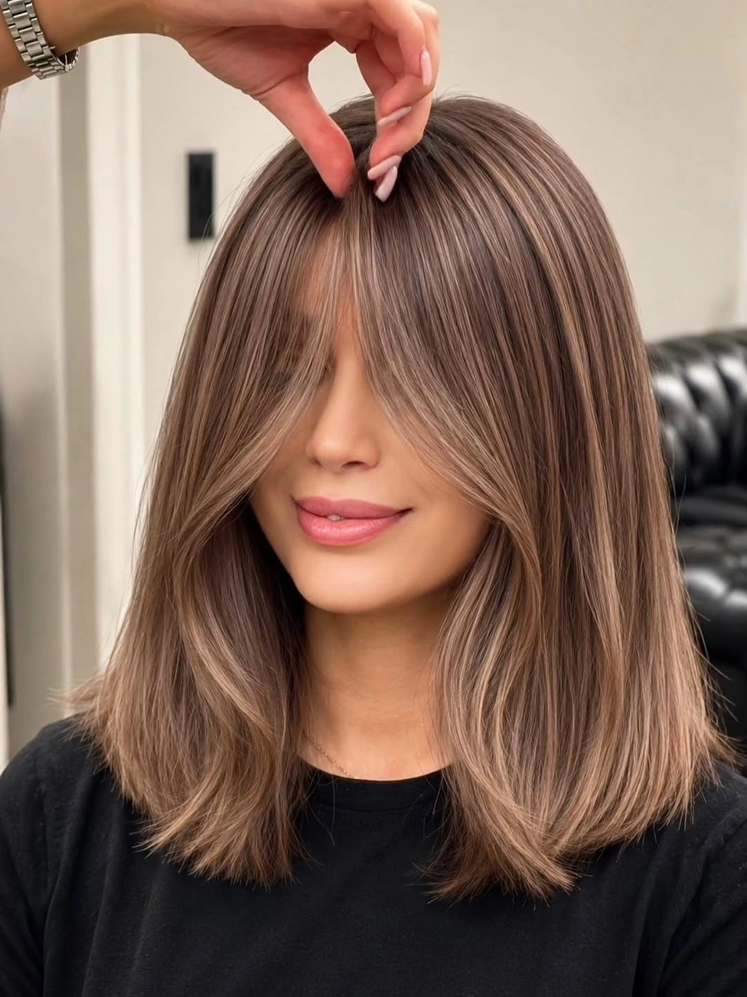 trendy choppy medium layered hair Modern Textured Lob With Long Bangs